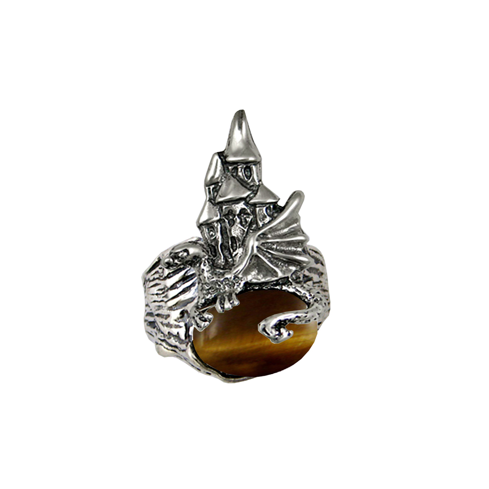 Sterling Silver Dragon And Her Castle Ring With Tiger Eye Size 9